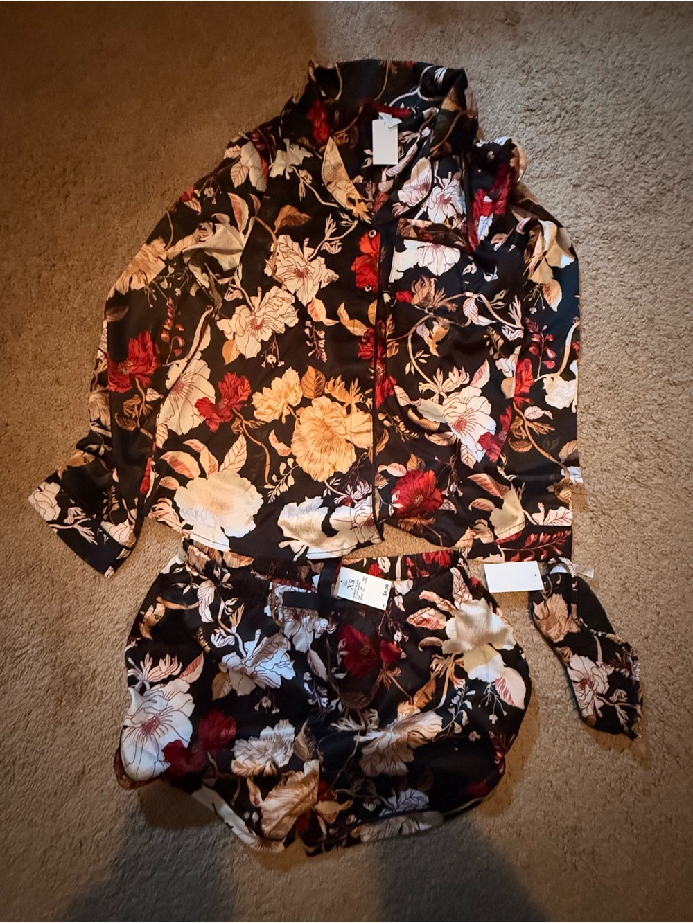 stars above Black Floral Satin Pajama Set with Red & Cream Blooms